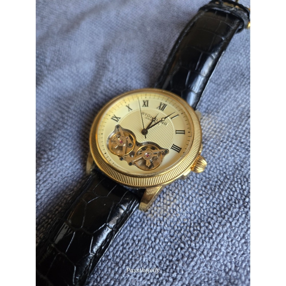 Stuhrling Mens Watch Automatic Dual Time Skeleton Leather ST9S001 40 Jewels